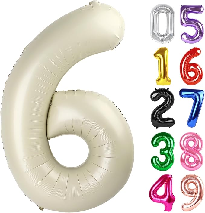 Cream Number 6 Balloon 40 Inch, 6th Birthday Party Decorations for Children, Giant 6 Foil Balloon for Party Supplies