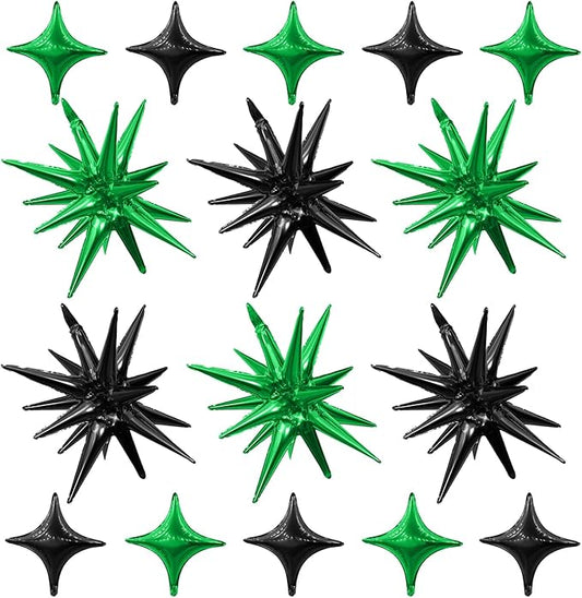 Black Green Star Balloon,6Pcs 22Inch Explosion Star Balloons and 10Pcs 10Inch Four Angle Balloons Kit for Birthday Halloween Anniversary Baby Shower Wedding Party Decorations
