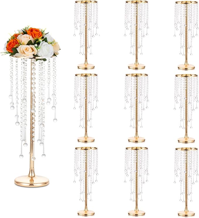 Sziqiqi Flower Centerpieces for Wedding Tables Metal - Tall Vases with Chandelier Crystal Beads for Head Table Gold Flower Stand for Wedding Reception Party Events Road Lead