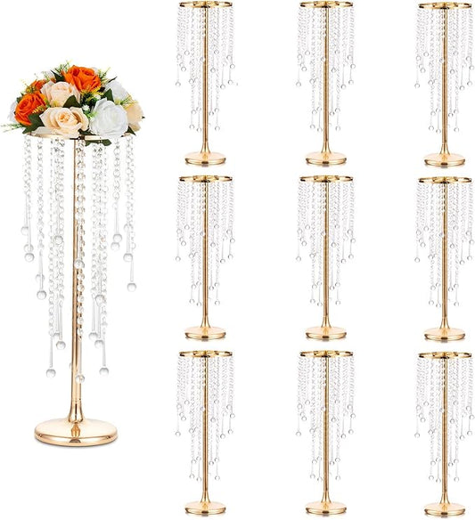 Sziqiqi Flower Centerpieces for Wedding Tables Metal - Tall Vases with Chandelier Crystal Beads for Head Table Gold Flower Stand for Wedding Reception Party Events Road Lead