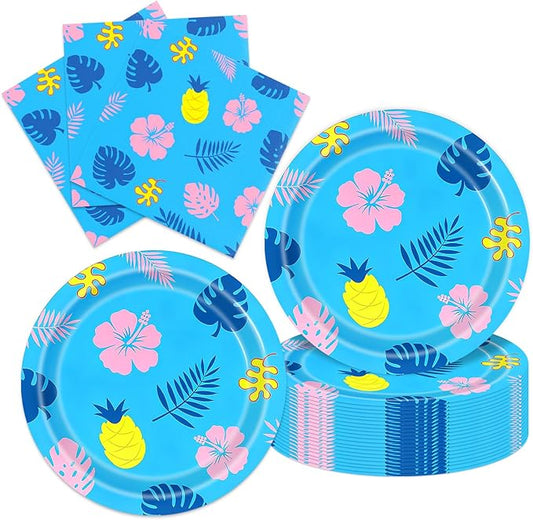40Pcs Hawaiian Birthday Party Decorations Plates and Napkins Blue Cartoon Hawaiian Themed Party or Baby Shower Supplies Set for 20 Guests