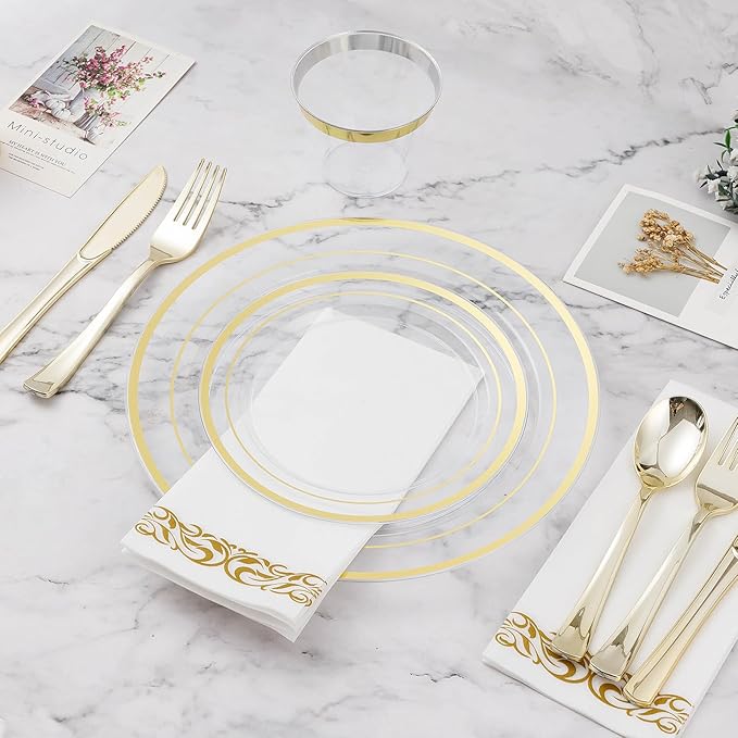 BESTVIP 175PCS Clear Gold Disposable Dinnerware Set for 25 Guests, Plastic Plates for Party, Wedding, Christmas, Halloween, Include: 50Plastic Plates, 25 Gold Silverware, 25 Cups, 25 Napkins
