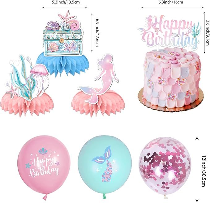 175PCS Mermaid Party Decorations, Mermaid Theme Party Supplies Plates and Napkins Set, Tableware,Banner, Hanging Swirls, Tablecloth, Balloon,Cake Cupcake Topper,Honeycomb Centerpiece Baby Shower