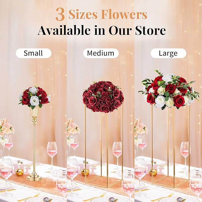 NUPTIO Artificial Flower Centrepieces for Tables - 2 Pcs Crimson & White Fake Flowers Roses Balls 9.5in Diameter - Silk Faux Rose Arrangement for Wedding Party Centerpiece Table Decorations