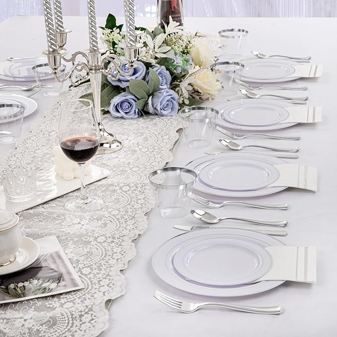 GATHER 350PCS Silver Plastic Plates - White and Silver Disposable Plates for 50 Guests Includes 50 Dinner Plates 50 Dessert Plate 50 Napkins 150 Silvery Cutlery and 50 Cups for Party & Christmas