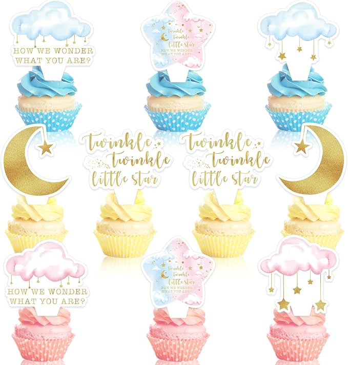 20 PCS Baby Shower Cupcake Toppers, Twinkle Twinkle Little Star Gender Reveal Decorations, Cake Party Supplies Decorations Gender Reveal Party Decorations for Baby Shower Boy Girl Birthday