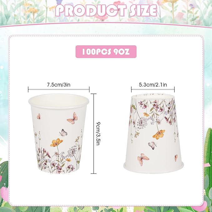 100Pcs Fall Wildflower Paper Cups Watercolor Floral Party Cups 9oz Rustic Botanical Butterflies Disposable Coffee Cups for Spring Summer Birthday Bridal Baby Shower Tea Party Supplies