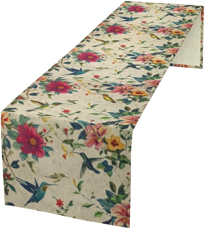 Summer Bird Floral Table Runner,Spring Birds Table Runner Burlap Table Decoration for Seasonal Home Kitchen Dining Dinner Indoor Holiday Farmhouse Decor 13x108 Inch