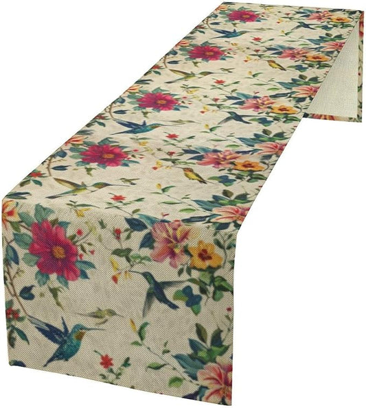 Summer Bird Floral Table Runner,Spring Birds Table Runner Burlap Table Decoration for Seasonal Home Kitchen Dining Dinner Indoor Holiday Farmhouse Decor 13x120 Inch