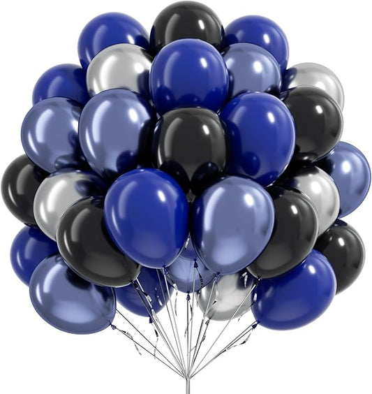 Blue and Black Balloons, 60pcs 12inch Blue Black Metallic Silver Balloons for Graduation New Year Birthday Party Decorations