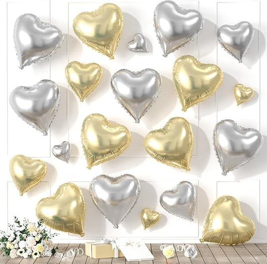 Gold Silver Heart Balloons, Heart Shaped Ballons, 20 Pcs 5/10/18 inch Gold Silver Foil Love Balloons for Valentine's Day Decorations Wedding Engagement Bridal Showers Anniversary Celebrations