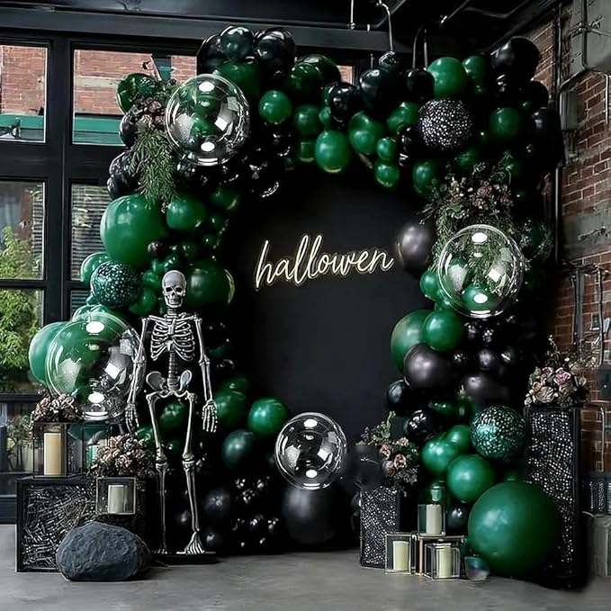 Black Green Balloon Garland Double Stuffed Dark Emerald Green Balloons Clear Bobo Metallic Black Balloon Arch Kit for Birthday Halloween Bridal Shower Christmas New Year Party Decorations