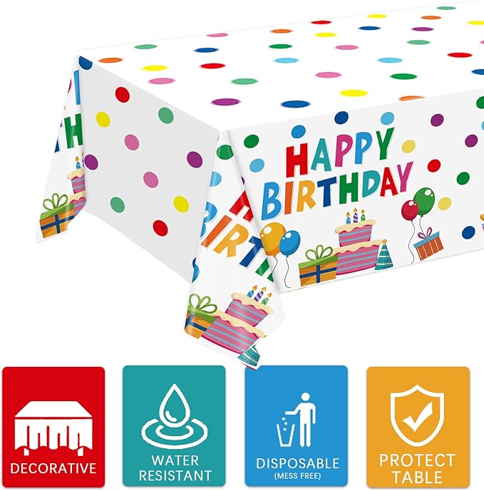 Happy Birthday Decorations - Colorful Dots Birthday Party Supplies Includes Plates, Napkins, Cups, Cutlery, Banner, Hanging Swirl, Tablecloth, Balloons for Kids Boys Girls, Serves 24