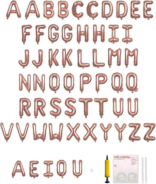 58 PCS Letter Balloons Alphabet Letters 2 Sets A- Z & 1 Sets AEIOU 16 - Inch Mylar Foil Balloons Set for Wedding/Birthdays/Annivs/Grads party Decoration Banner Custom Phrase（Rose Gold）