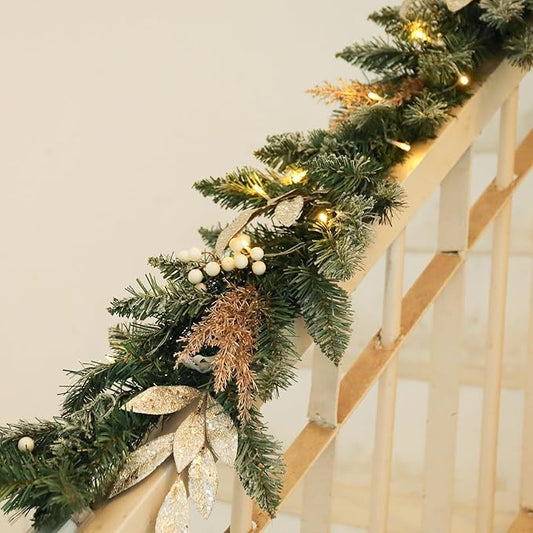 Bdor 6FT Christmas Garland with Glitter Leaves and Berries – Pre-Lit Artificial Pine Garland with Champagne Gold Accents – Elegant Holiday Decoration for Mantel, Staircase, Fireplace, and Front Door