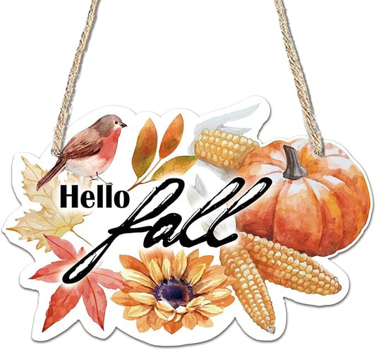 "Hello Fall" Wooden Hanging Sign - 10"Autumn Wood Hanging Decoration,Rustic Thanksgiving Decorative - Applicable Porch Home Wall Indoor Outdoor Decor Or Holiday Gifts For Friends And Family - A04