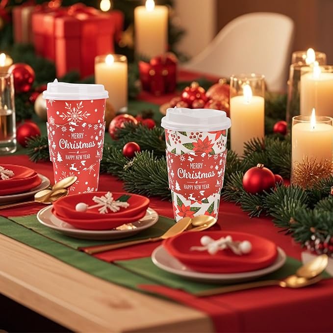 72 Set Christmas Disposable Coffee Cups with Lids and Sleeves Snowflake Reindeer Paper Drinking To Go Cups for Winter Holiday Christmas Party Coffee Bar Decor Business Supplies (Red)