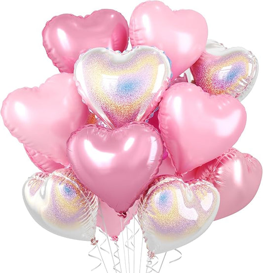 Pink and Silver Heart Balloons, 10 Pcs Pink Laser Silver Heart Shaped Balloon, 18 Inch Metallic Glitter Stars Foil Balloons for Girls Women Princess Brithday Baby Shower Valentines Party Decorations