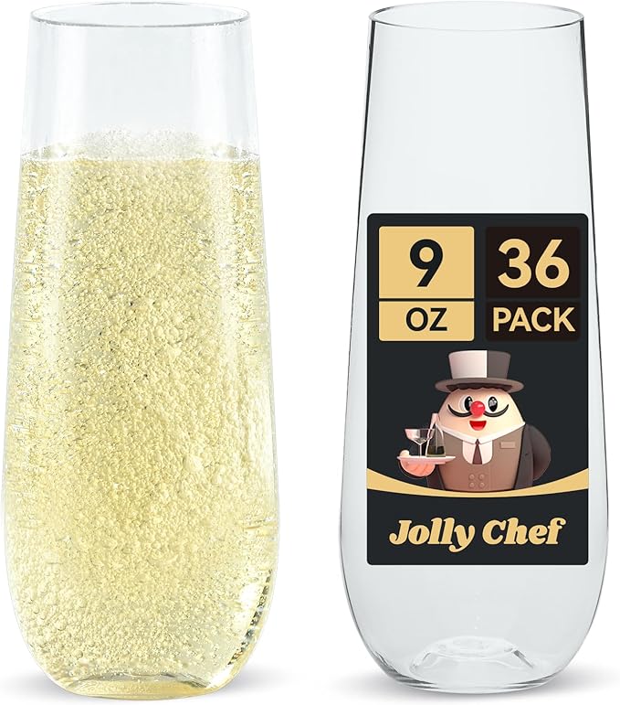 JOLLY CHEF 36 Pack Stemless Plastic Champagne Flutes 9 oz, Crystal Clear Stemless Plastic Toasting Glasses, Clear Disposable Unbreakable Drinkware Ideal for Wedding, Birthday, Party, Thanksgiving