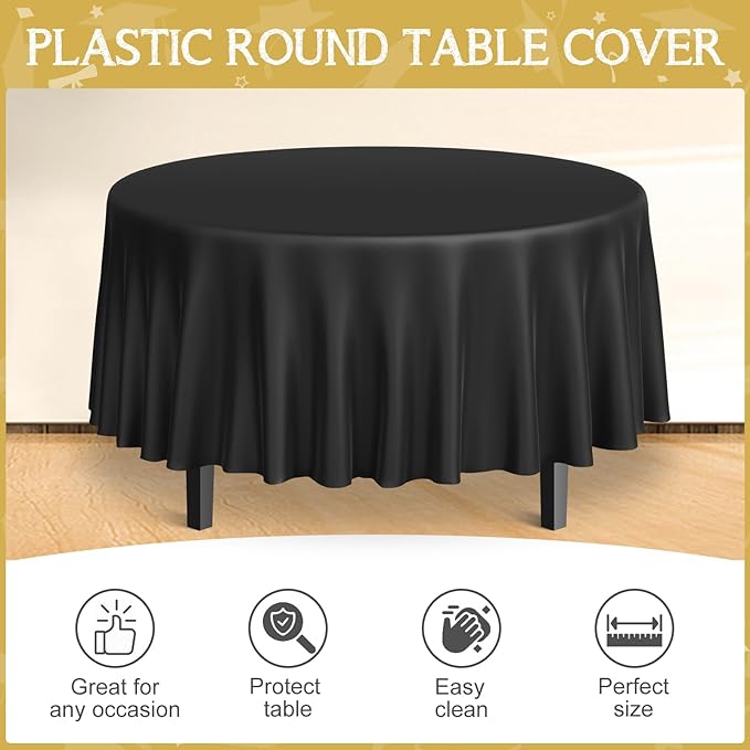 MASHAN 12 Pcs Black and Gold Plastic Tablecloths Bulk,84 Inch Disposable Round Party Table Cloth Waterproof Table Cover for Birthday Wedding Anniversary Graduation Party Decorations Supplies