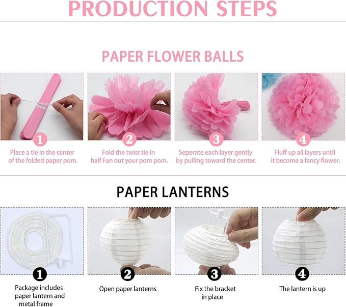 15pcs Party-Decorations Paper-Flowers Lanterns Party Pack and Pom Pom Balls Hanging Decoration for Wedding Birthday Baby Shower-Bachelorette Bridal Wedding Engagement Supplies Decor