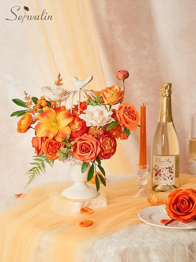 Serwalin Artificial Fall Flowers, Silk Fake Flowers Orange Cake Flowers for DIY Wedding Bridal Bouquet Table Centerpieces Floral Arrangement Fall Home Decor