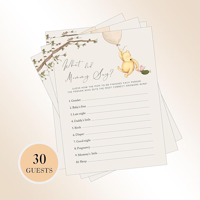 Winnie Baby Shower Games, What Did Mommy Say, Baby Shower Game Cards, Set of 30, Winnie The Pooh Party Favors, Baby Shower Party Games Supplies & Activities, Baby Shower Decorations