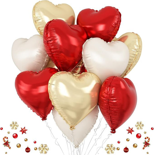 Red Gold Heart Balloons Foil, 12Pcs 18 Inch Metallic Red Gold Cream Beige Heart Shape Foil Balloon for Girls Women Birthdays Wedding Baby Shower Valentines Mother's Day Xmas Christmas Party Decor