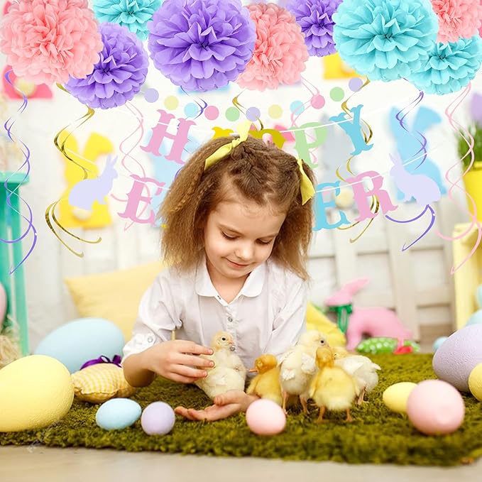 NISOCY Happy Easter Banner, Easter Decoration Happy Easter Sign Banner with Swirls Streamers and Honeycomb Balls for Indoor & Outdoor, Spring Easter Party Decorations