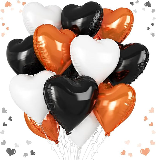 Black Orange Heart Balloons, 18 Inch Black White Orange Heart Foil Shape Balloon, 12PCS Large Love Helium Balloons for Birthday Graduation Halloween Thanksgiving Day Graduation Party Decorations