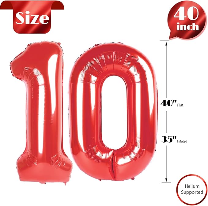 10 Balloon Number, Red Number 10th Birthday Balloons 40 Inch, 10 Years Old Red Birthday Decorations for Boys Girls, 10th Anniversary Decorations
