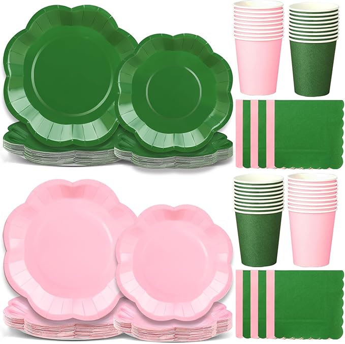 260 Pcs Green And Pink Party Supplies - For 52 Guests Paper Plates And Napkins/Cups - Disposable Big Scalloped Dinner Party Set Cutlery - For Bbq Baby Shower Bridal Shower Wedding