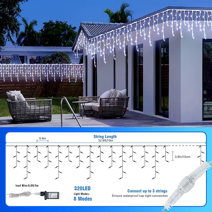 320 LED White Icicle Lights Outdoor Waterproof, 32.8FT Connectable Christmas String Lights with Remote & Timer, 8 Lighting Modes Dimmable Holiday Wedding Party Decorations