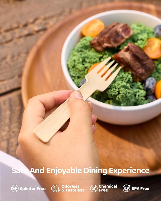 Devot 100% Natural Bamboo Disposable Cutlery Set - 120 Forks 6.7", Eco Friendly Utensils, Biodegradable, Compostable, Splinter Free and Perfect For Weddings, Camping, Party
