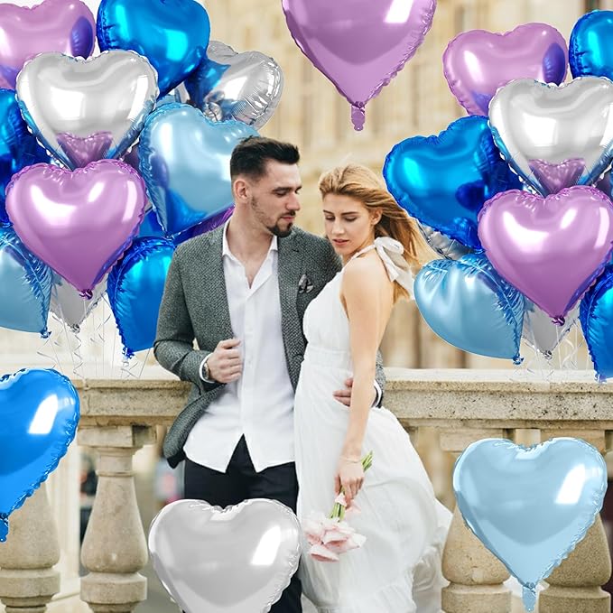 Blue Purple Silver Heart Balloons, 10 Pcs 18 Inch Metallic Purple Blue Heart Shape Foil Balloon for Kids Girls Ice Princess Wonderland Frozen Birthday Wedding Valentines Baby Shower Party Decorations