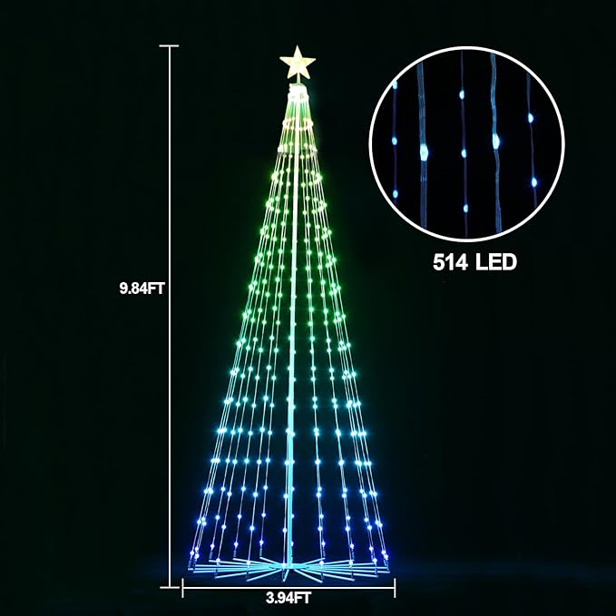 Outdoor LED Christmas Tree 10FT, RGB Smart Cone Christmas Tree with Music Sync, APP & Remote Control, DIY Multi-Color Light Show, Waterproof IP44 for Yard Lawn Patio Holiday Decorations