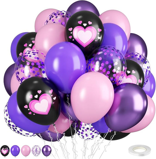 Pink Purple Black Balloons, 50PCS 12 Inch Black Macaron Metallic Purple Pink Birthday Heart Printed Balloons for Princess Theme Birthday Decorations Baby Shower Party