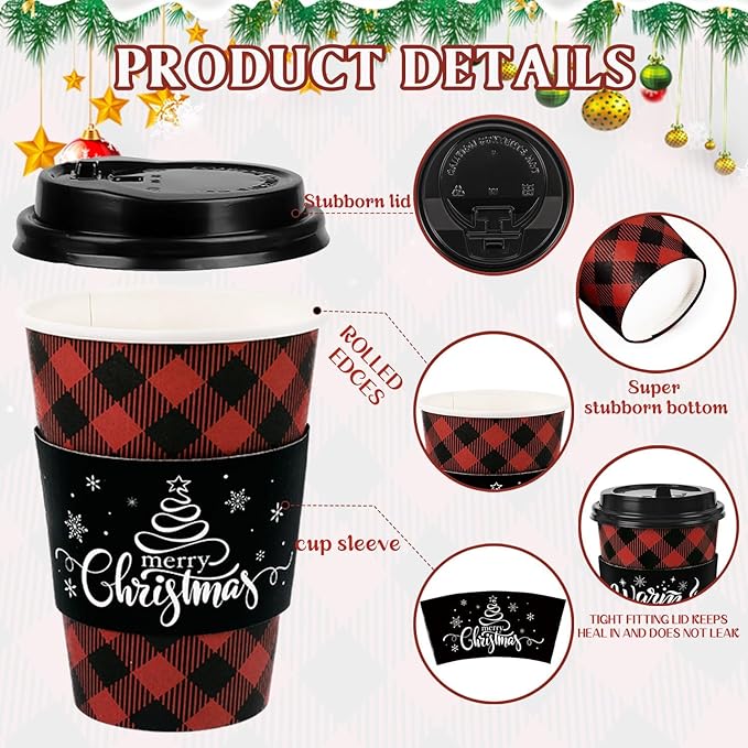 60 Pcs Christmas Buffalo Plaid Coffee Cups Christmas Paper Cups Disposable with Lids Sleeves and Stirrers 16 oz for Winter Christmas Hot Cocoa Party Supplies