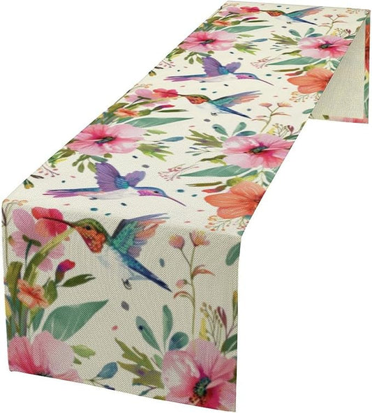 Flowers Birds Spring Table Runner, Colorful Birds Branches Blue Floral Seasonal Kitchen Dining Table Decoration for Home Party Decor 13x60 in