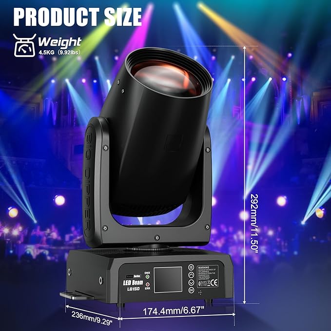 150W Moving Head Beam Light, DJ Stage Lighting with DMX512/Sound-Active/Auto/Master-Slave Modes, 12 Gobos & 12 Colors RGBW Moving Head for Nightclub Party Wedding Show (LB150)