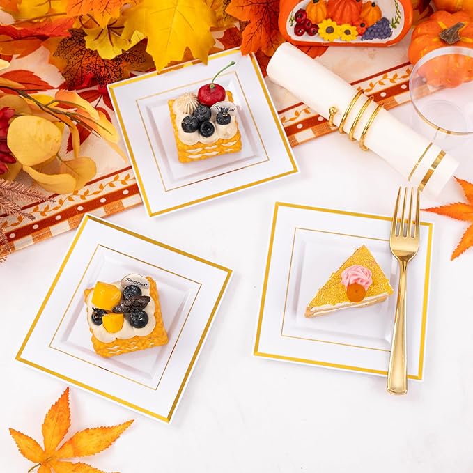 Festiva 350Pcs Gold Plastic Plates - Disposable Square Gold Plates Dinnerware set include 9.5"/6" Plates,Cups,Plastic Cutlery,Hand Napkins Perfect for 50 guests Party&Wedding&Thanksgiving&Christmas