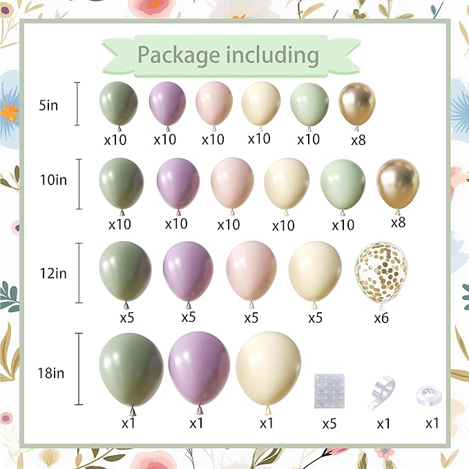 152Pcs Dusty Green Purple Pink Balloon Arch Garland Kit, Blush Pink Lavender Pastel Yellow Mist Green Gold Confetti Balloons for Baby Shower Wedding Engagement Birthday Party Decorations