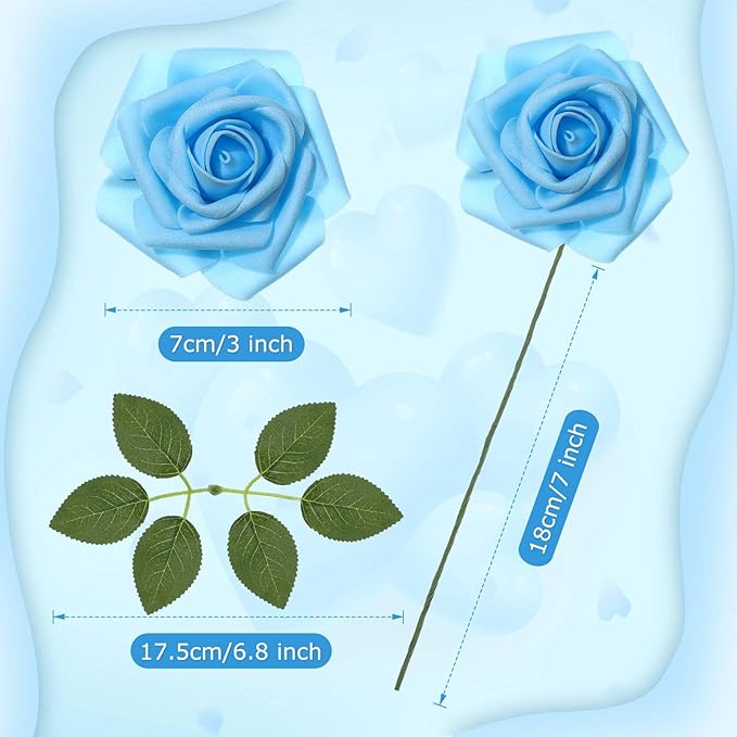 100 Pcs Artificial Foam Rose Faux Bouquet with Leaves and Stems for DIY Wedding Bouquets Centerpieces Bridal Shower Party Valentine Home Decorations (Light Blue)