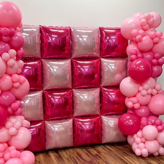 Hot Pink Square Balloons Wall, 10 PCS Magenta Foil Balloons Wall Double Sided Pink Balloon Wall Backdrop for Girls Bachelorette Birthday Bridal Shower Princess Party Decorations