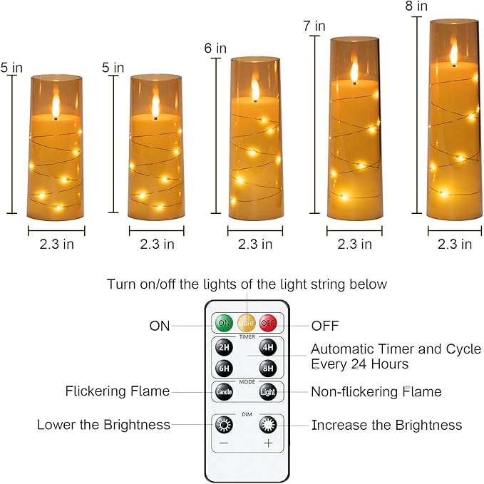 Raycare Flameless Candle with Remote Timer – 5 Flickering Acrylic Battery Operated LED Pillar Candles with Embedded Star String for Christmas, Home Decor, and as a Gift(Glod)