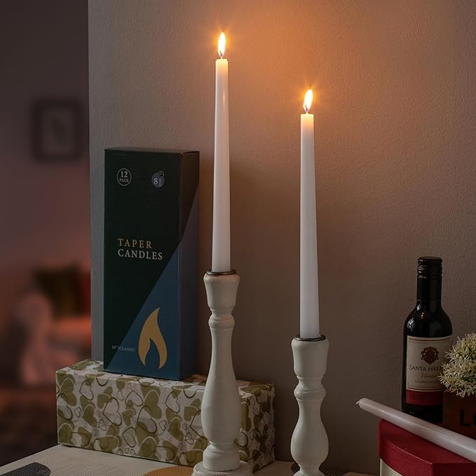 12 Pack White Taper Candles - Taper Candles 10 Inch Dripless, Smokeless & Unscented - 8 Hours Long Burning - Tall Candlesticks - Ideal for Weddings, Dinner Parties, Home Decor, Birthday Party