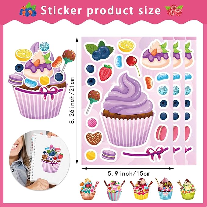 36 Sheets Cupcake Make a Face Stickers, Make Your Own Stickers Mix and Match Ice Cream and Cupcake Sticker Sheets, Cupcakes Sticker for Kids, Classroom Activities, Crafts Cupcakes Party Decorations
