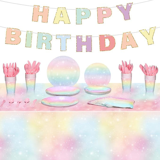 Teling 172 Pcs Rainbow Birthday Decorations, Pastel Rainbow Plates, Birthday Plates and Napkins Serves 24, Disposable Paper Tablecloth Cups Fork Happy Banner for Baby Shower Easter Party Decoration