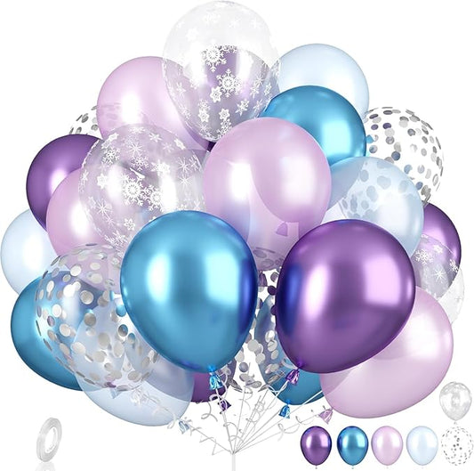 Snow Balloons Set, Pearl Purple Blue Metallic Purple Blue Snowflake Latex Balloon with Silver Confetti Balloons for Winter Wonderland Christmas Princess Girl Birthday Baby Shower Party Decor