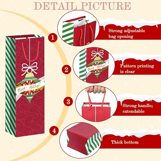 Xylitic 12 Pack Christmas Wine Bags Bulk with Handles, Holiday Wine Gift Bags for Bottles, Birthday Xmas Party Supplies, Drinkers Present (4.7” x 3.5” x 14”)